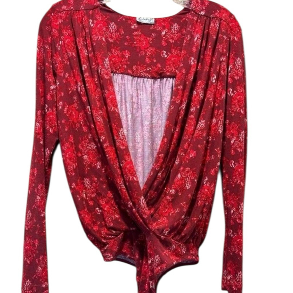 Free People Everything’s Rosy Red Long Sleeve Bodysuit Size L - Picture 4 of 6